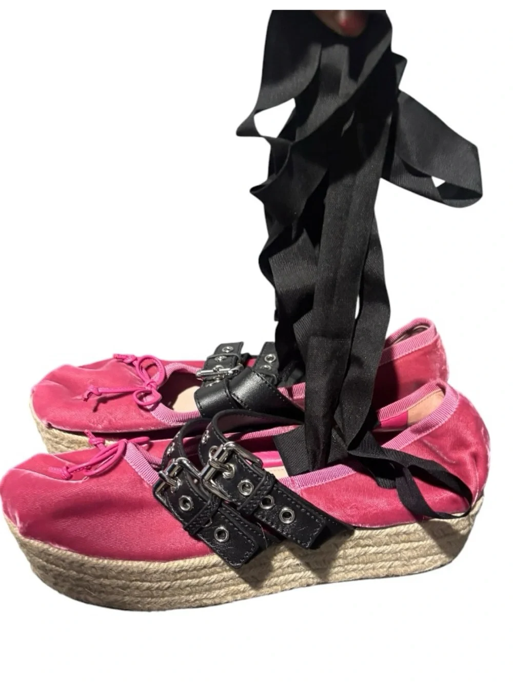 Miu Miu Pink Velvet Platform Double Buckle Espadrille Ballet Shoes